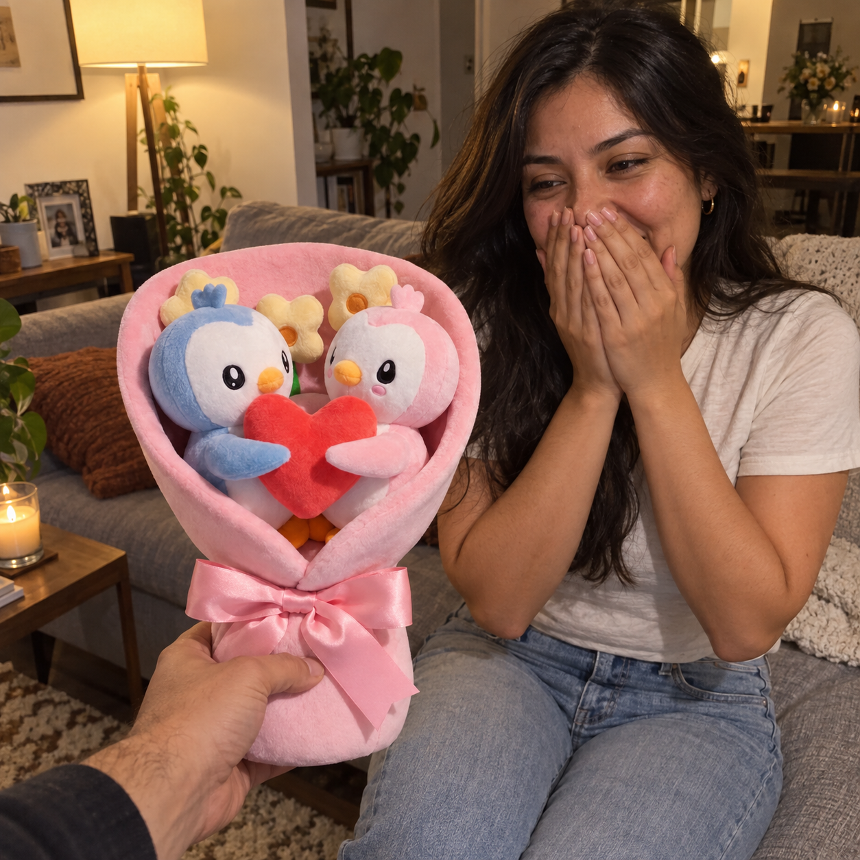 Surprised woman receiving the Plush Bouquet