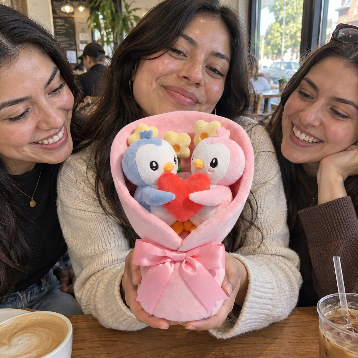 Friends admiring the Plush Bouquet at a café