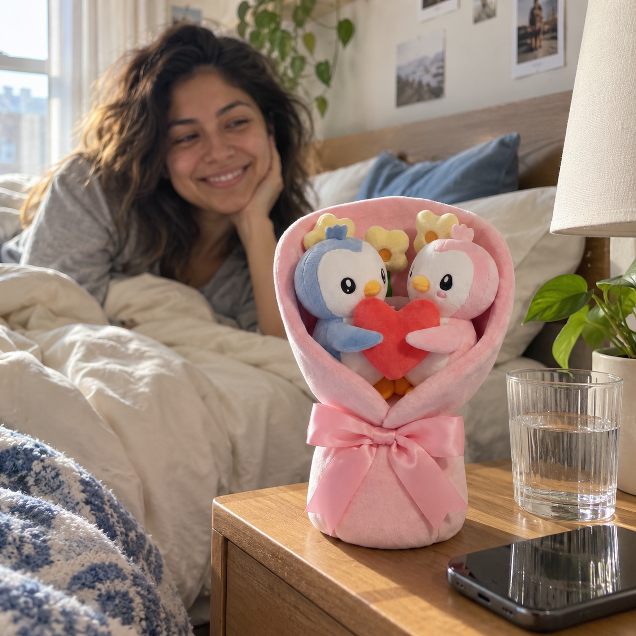 Plush Bouquet on a bedside table in morning light