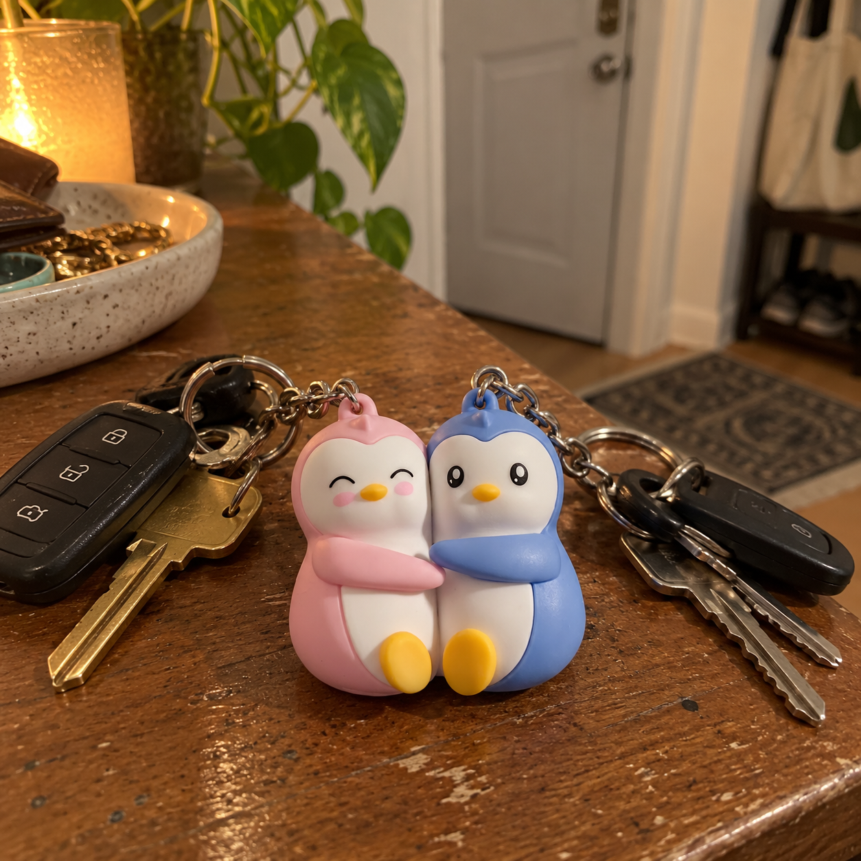 Pink and blue magnetic penguin keychains hugging beside two sets of keys