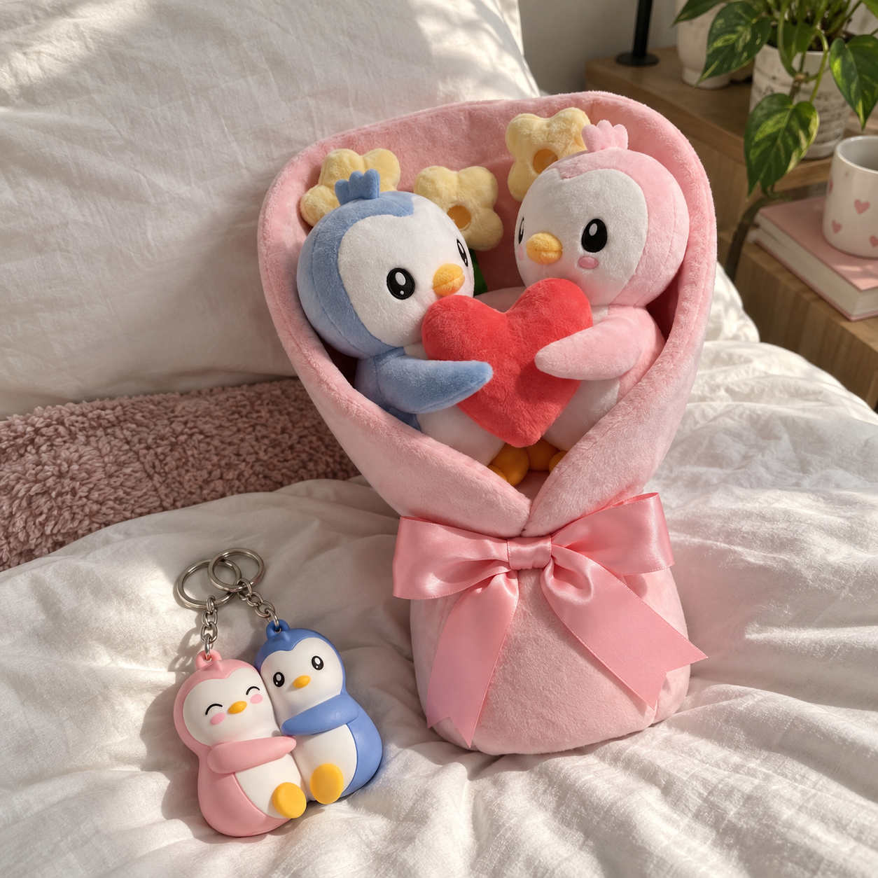 Plush Bouquet and hugging penguin keychains on a bed